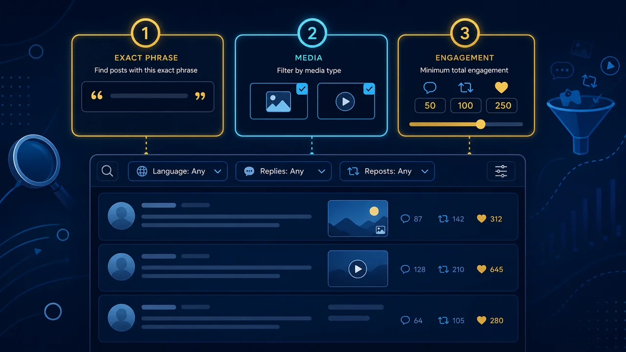 Filters for exact phrases, media, engagement, language, replies, and reposts.