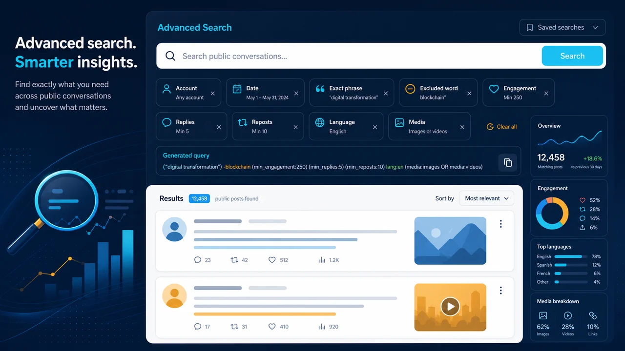 Advanced search operators for accounts, dates, phrases, engagement, and media.