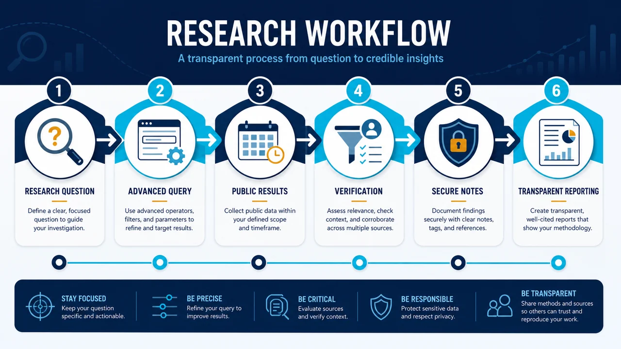 Responsible workflow for researching public X posts with advanced search.