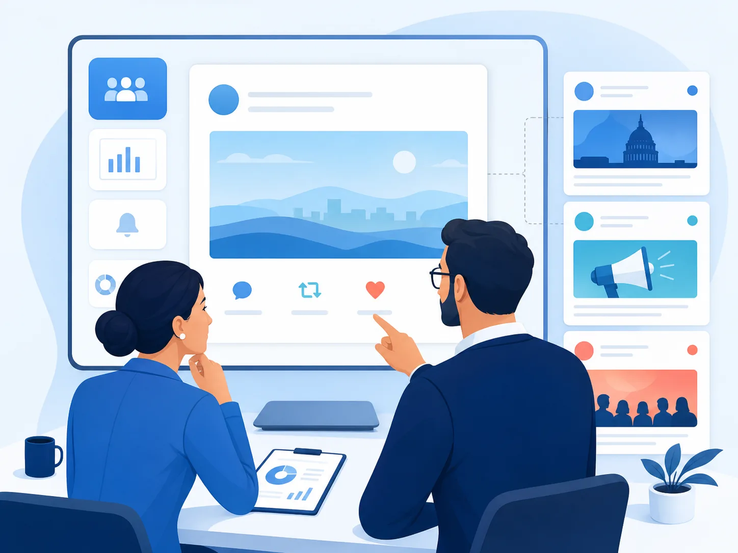 Illustration of a communications team reviewing public statements